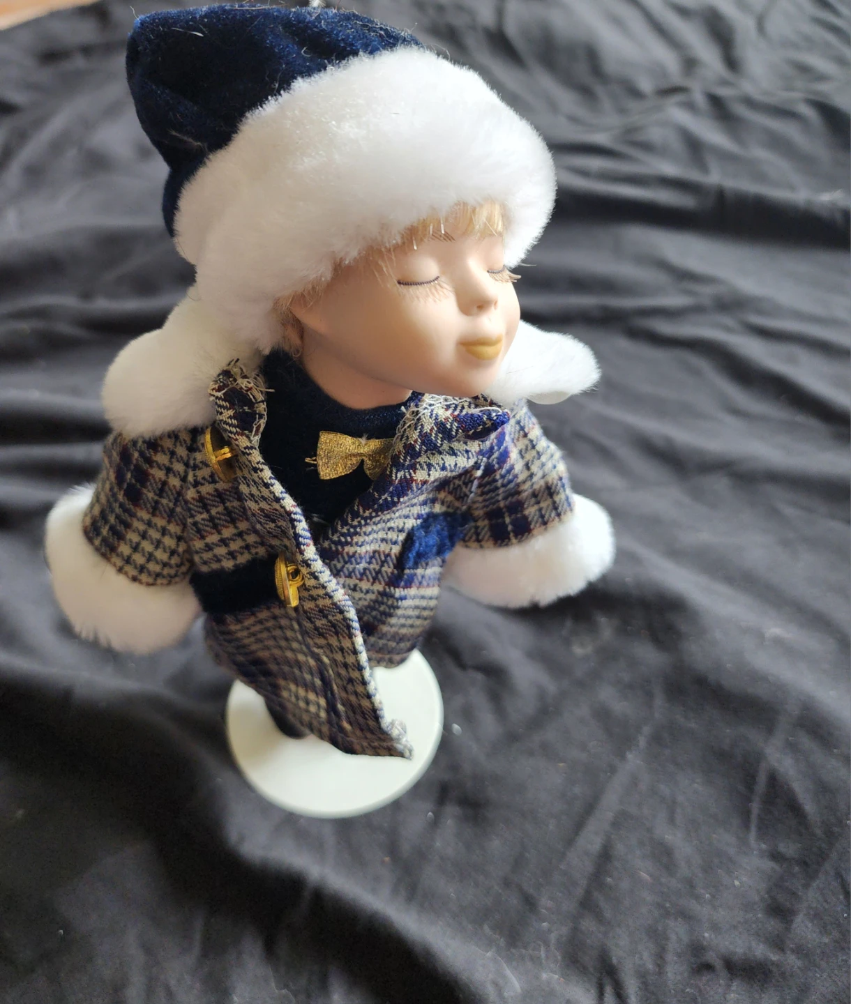 Porcelain Doll Bust with Winter Hat and Plaid Coat