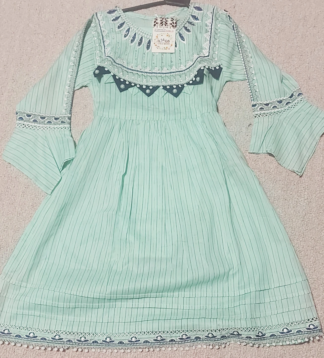 Kids' Light Green Striped Dress with Blue Embellishments