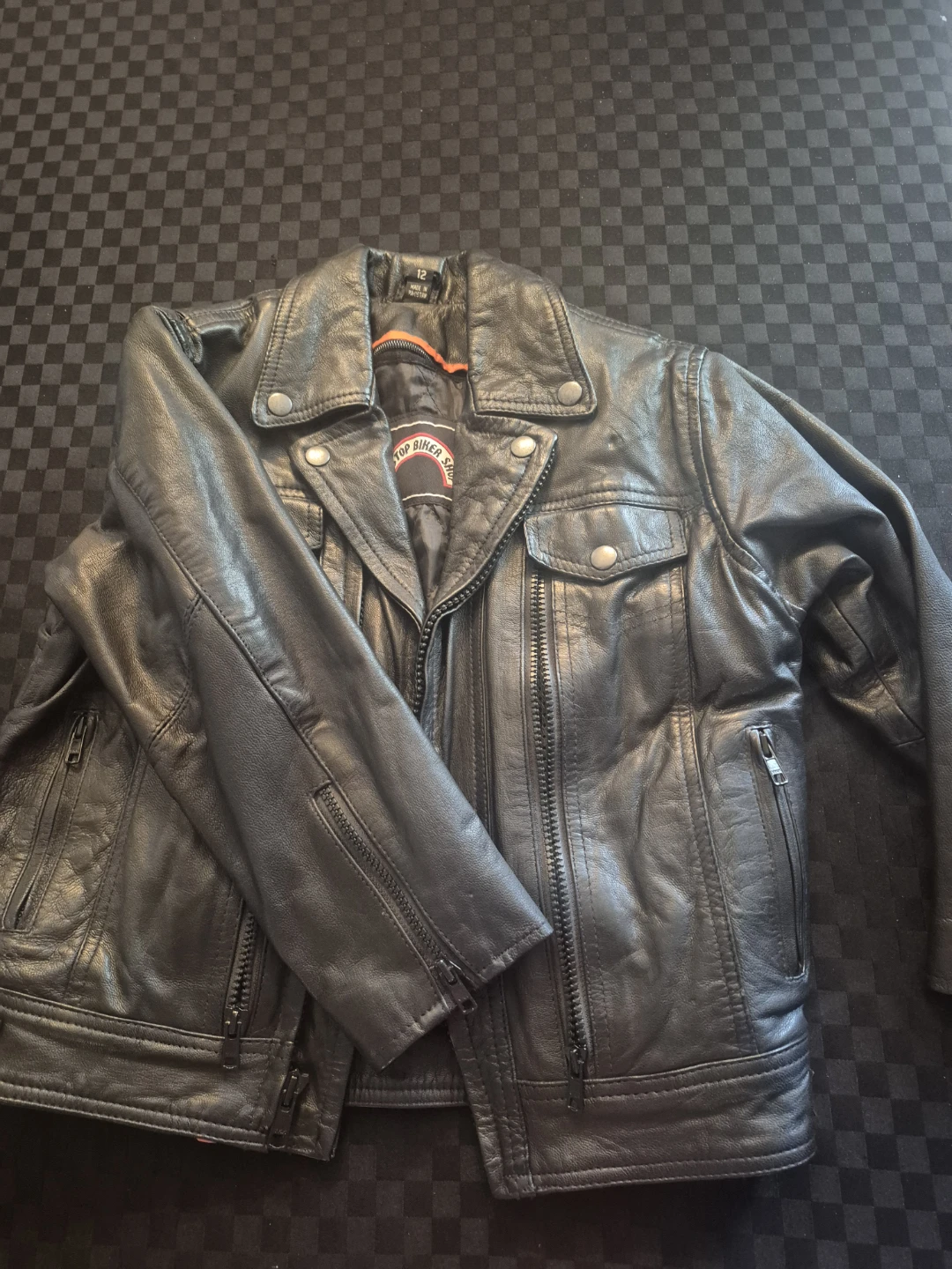 One Stop Biker Shop Black Leather Jacket - Size 12