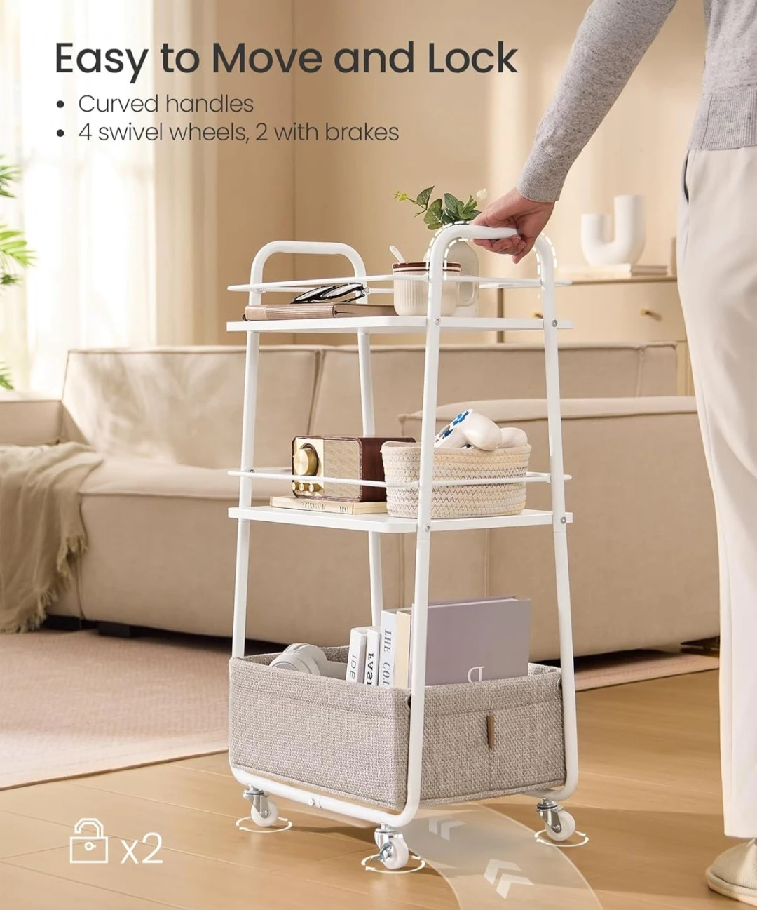 VASAGLE 3-Tier Rolling Cart with Fabric Basket - photo 5