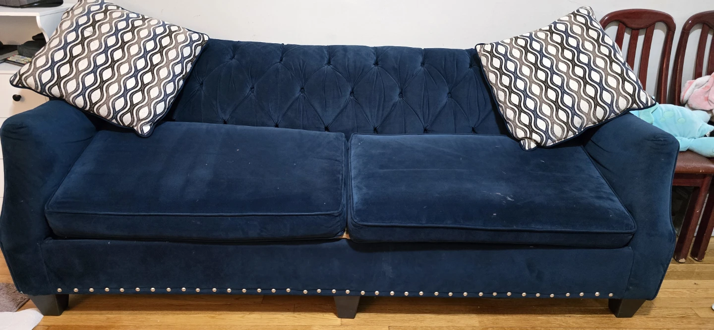 Navy Blue Tufted Sofa with Nailhead Trim