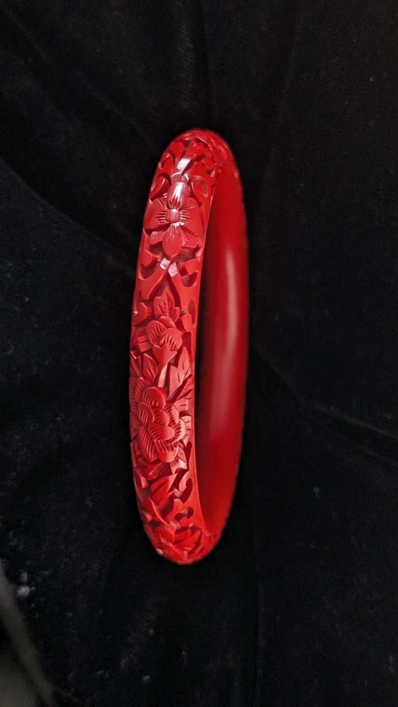 Red Carved Cinnabar Floral Bangle Bracelet