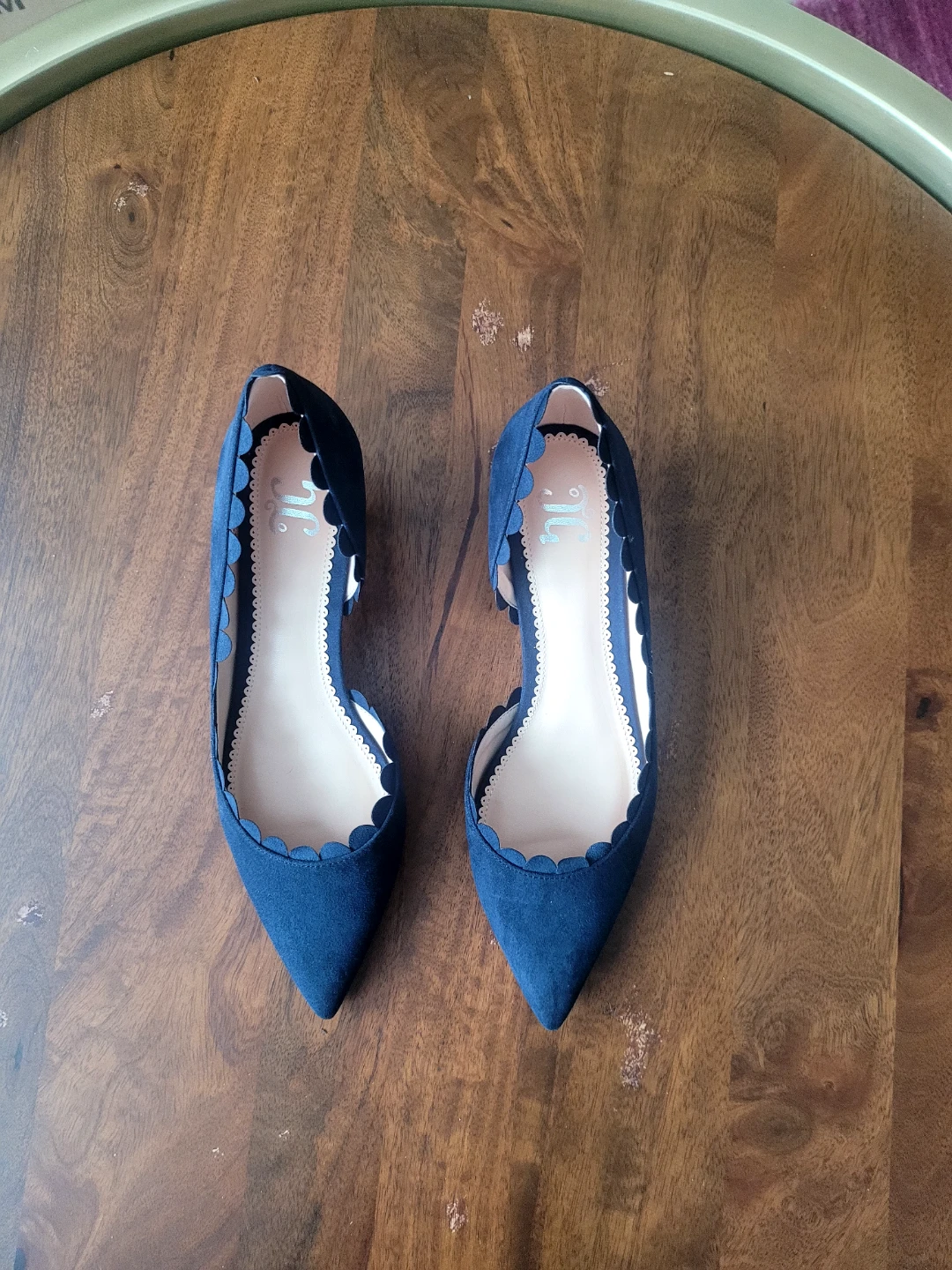 Blue Suede Scalloped Kitten Heels