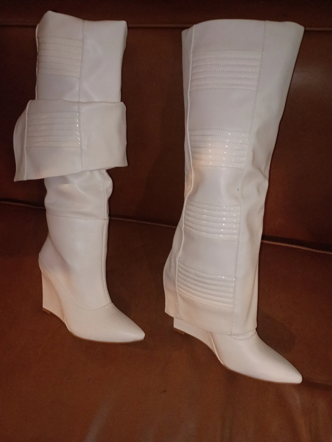 White Wedge Knee-High Boots with Gold Zippers