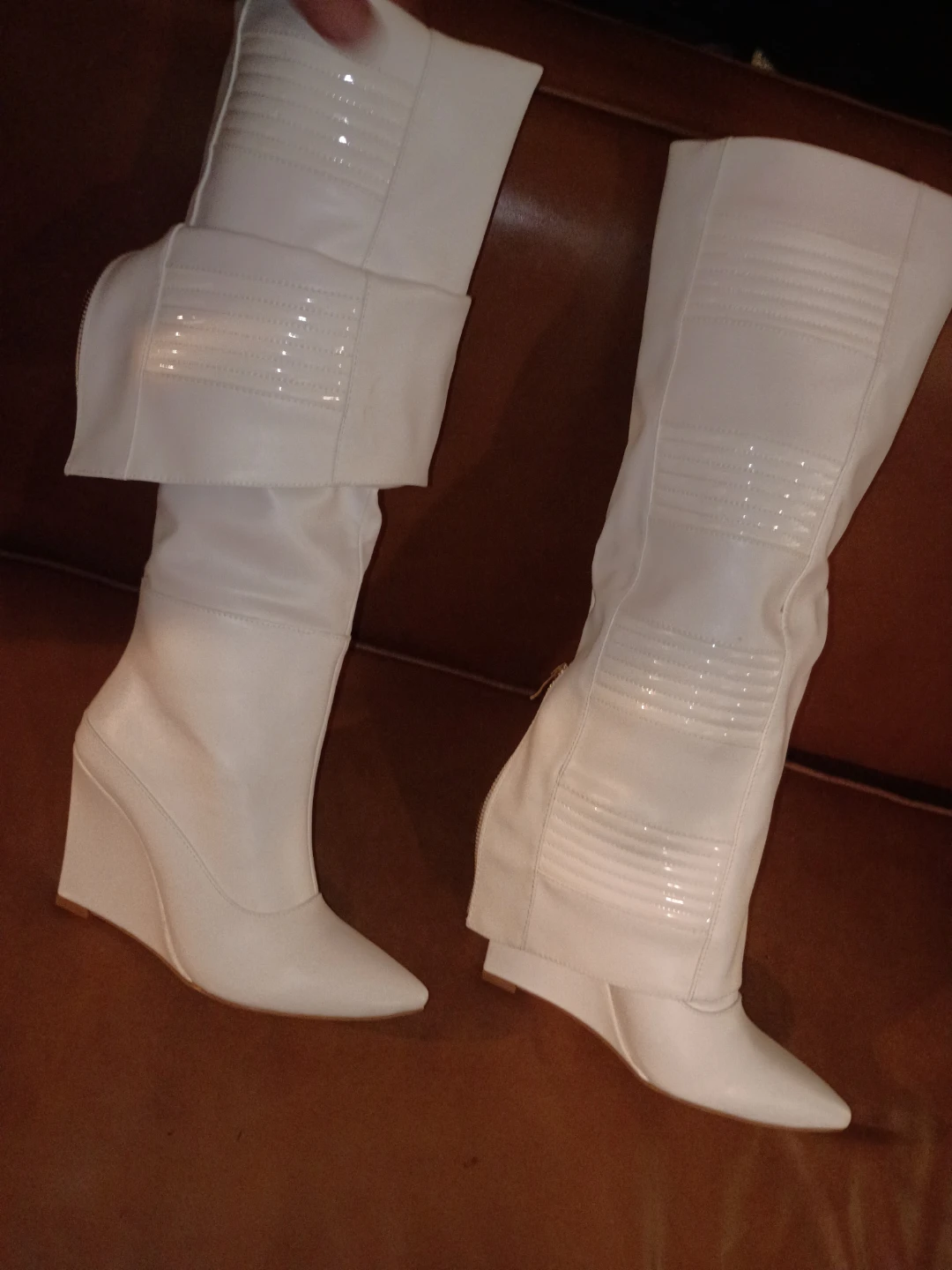 White Wedge Knee-High Boots with Gold Zippers - photo 2