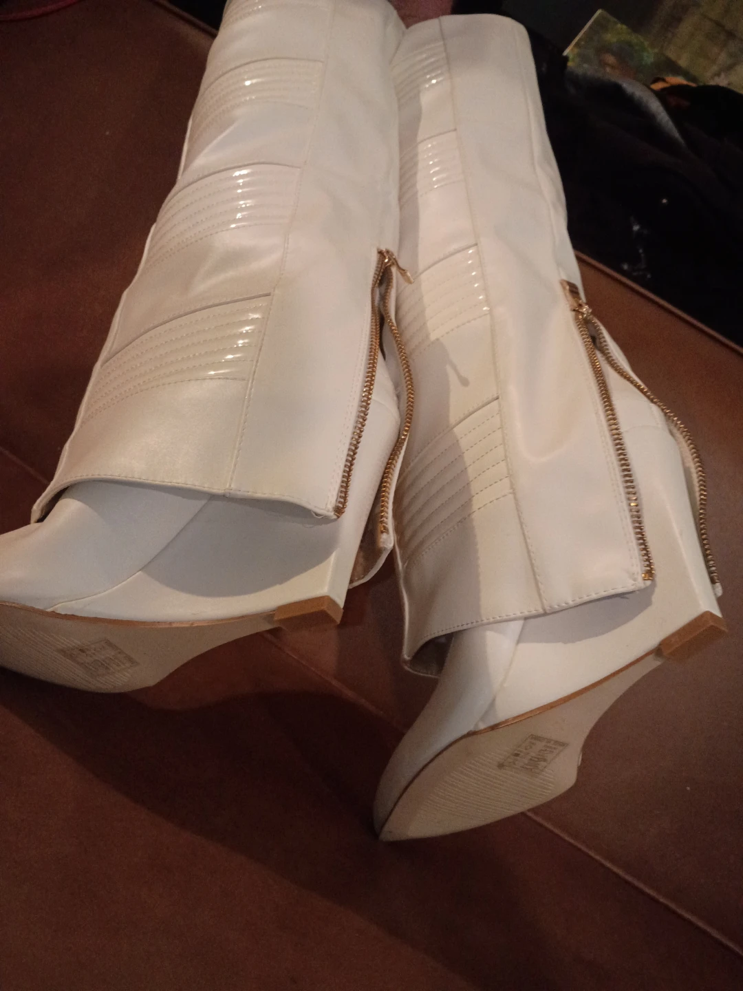 White Wedge Knee-High Boots with Gold Zippers - photo 3