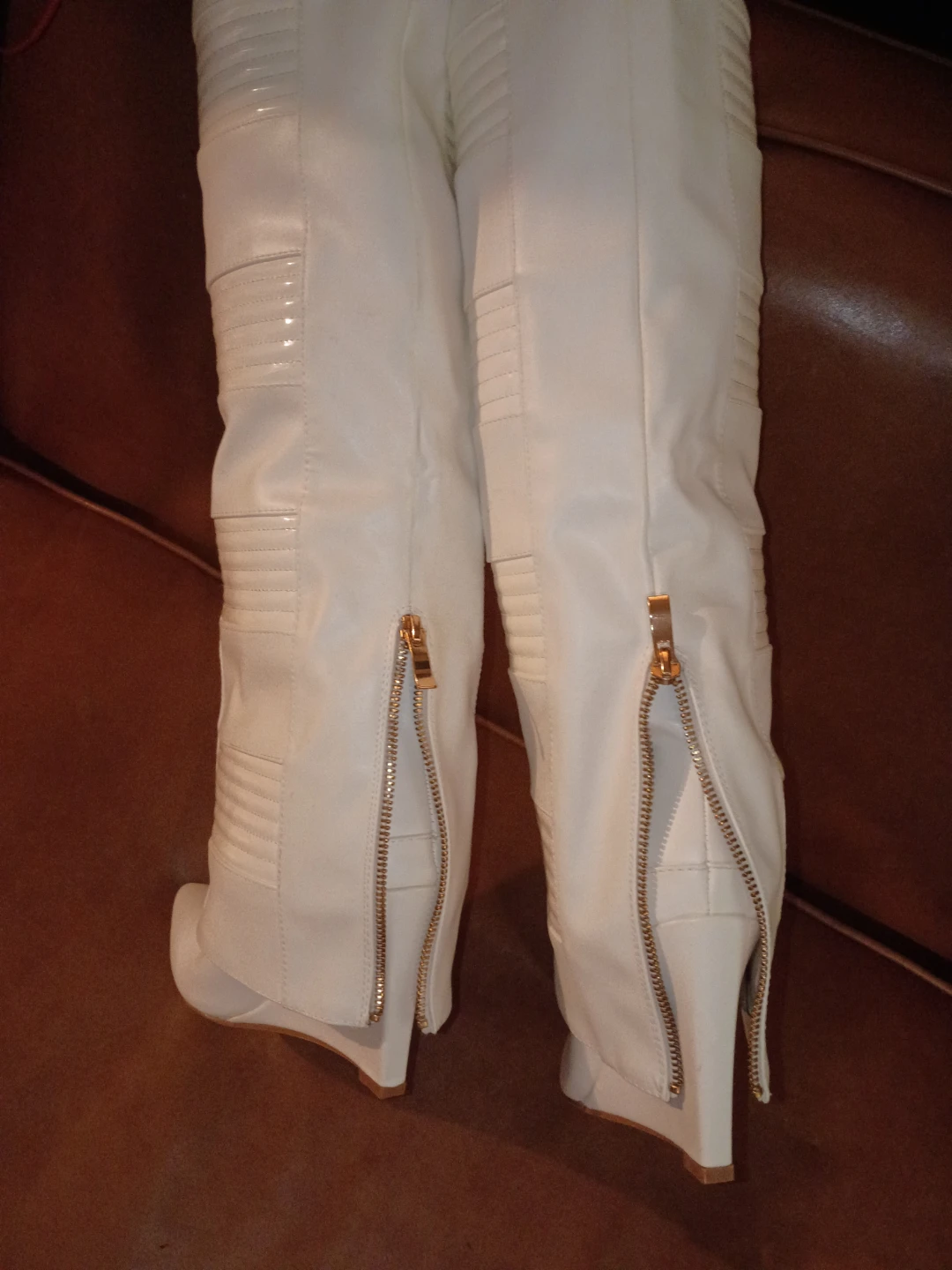 White Wedge Knee-High Boots with Gold Zippers - photo 4