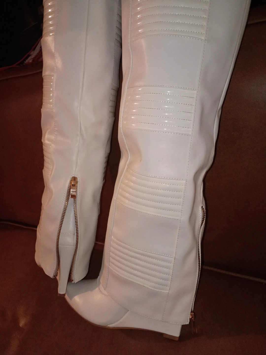 White Wedge Knee-High Boots with Gold Zippers - photo 5