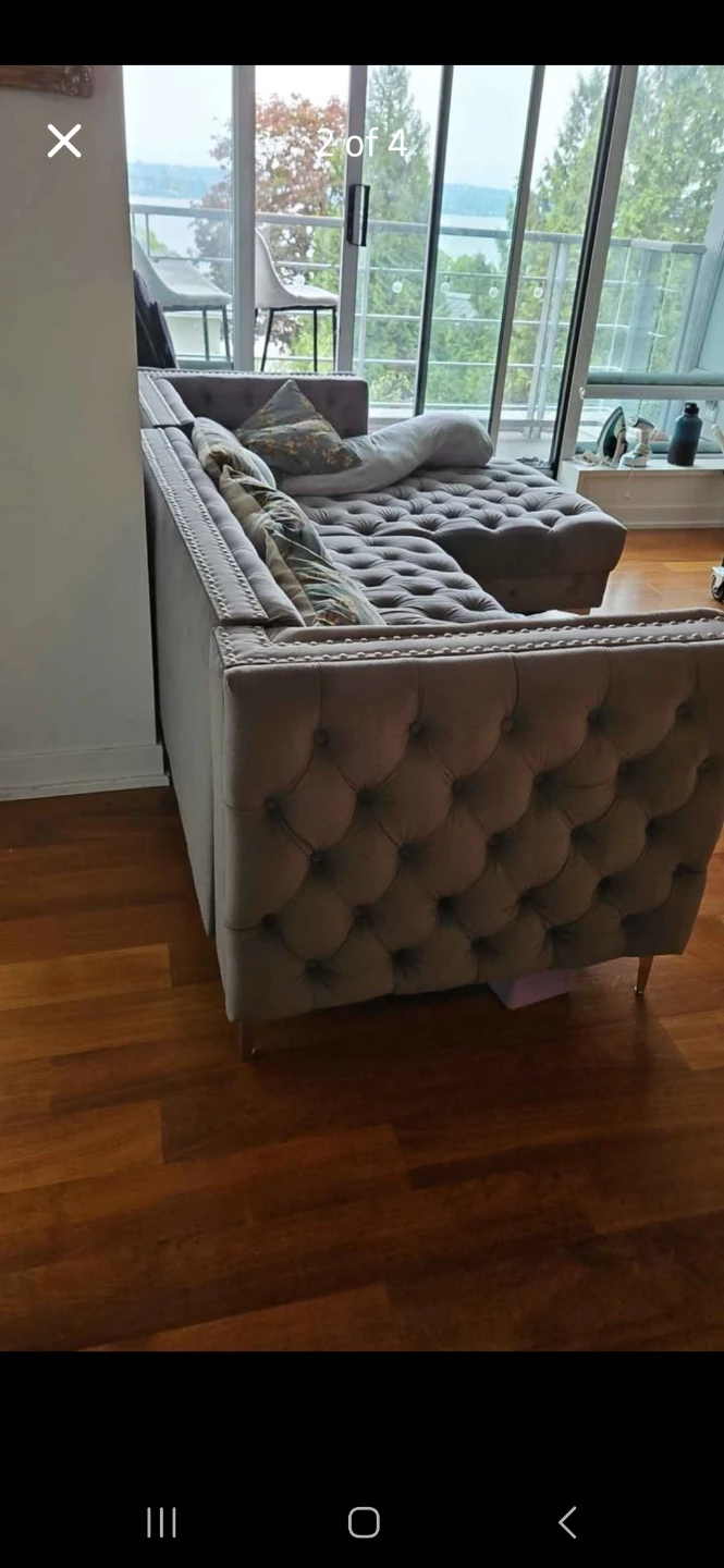 Grey Velvet Tufted Sectional Sofa with Stud Detail - photo 2