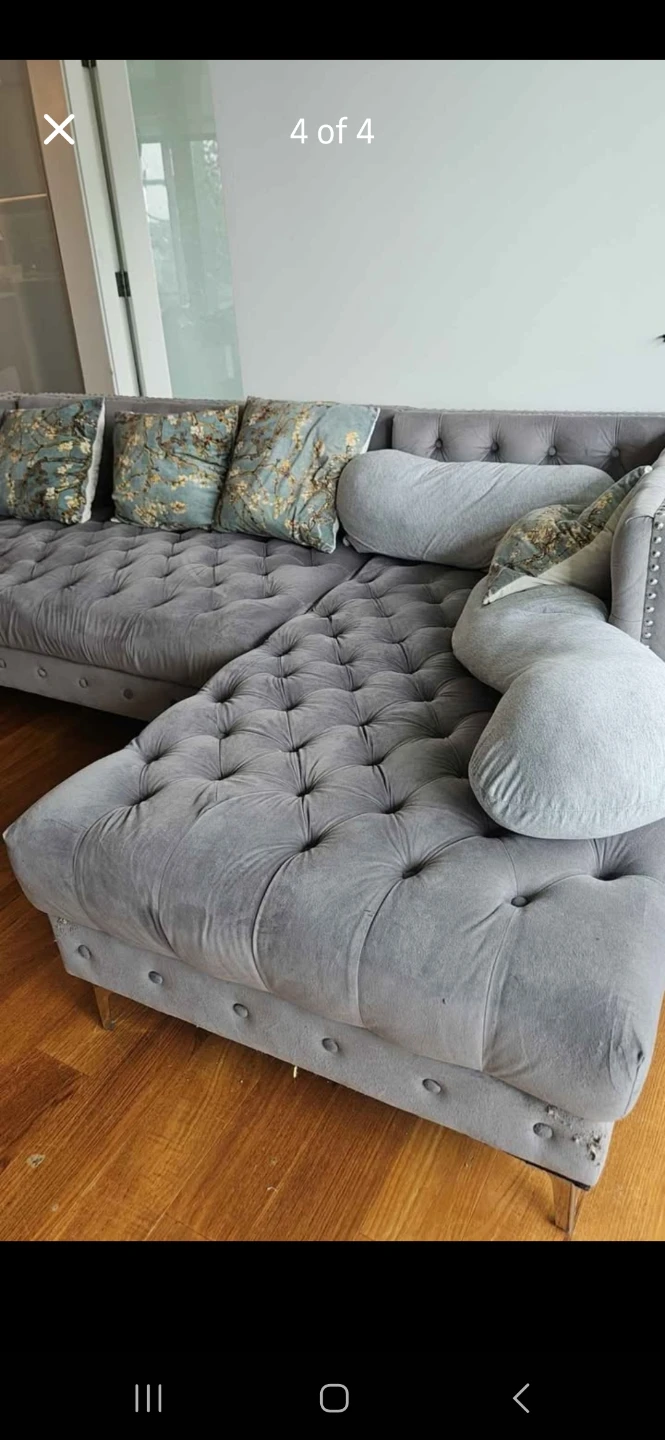 Grey Velvet Tufted Sectional Sofa with Stud Detail - photo 3