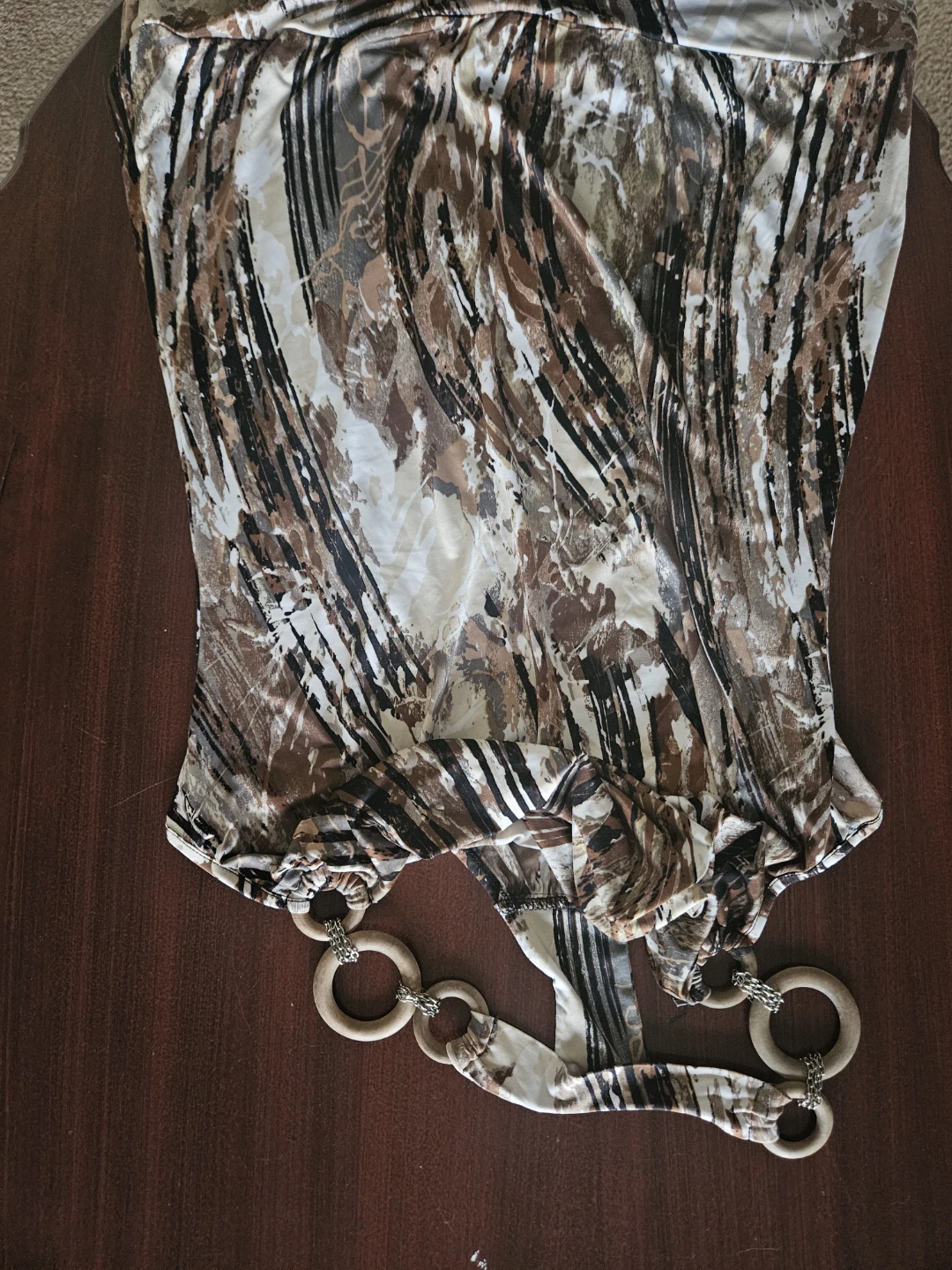 Women's Abstract Print Halter Top with Wooden Rings