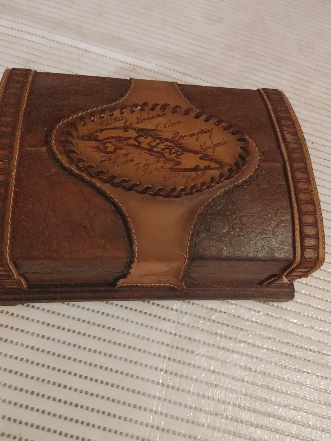 Vintage Wooden Trinket Box with Leather Embossing