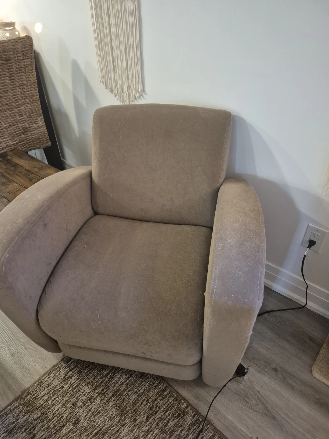 2 beige arm chairs