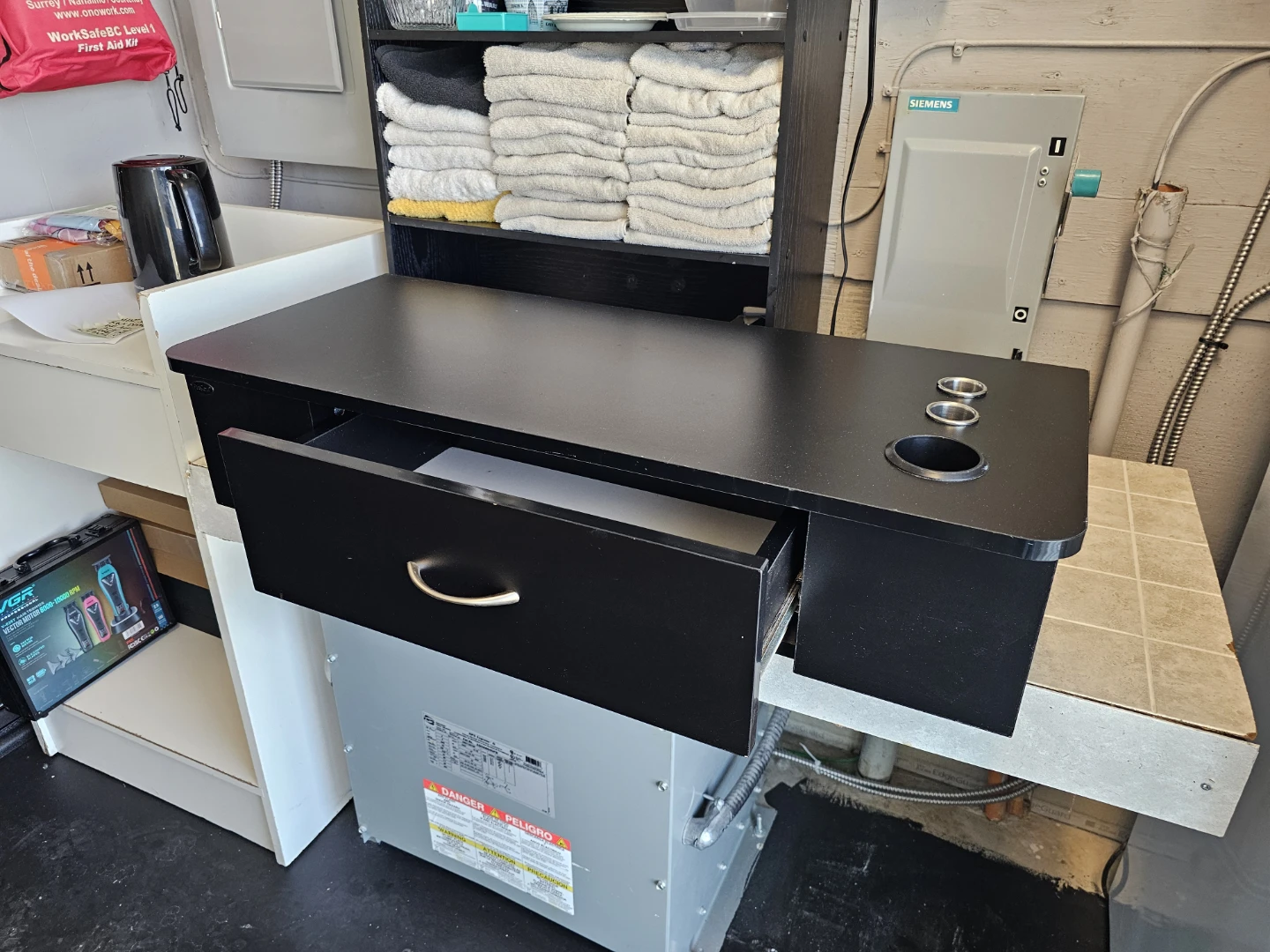 Black Barber Station with Drawer and Cup Holders