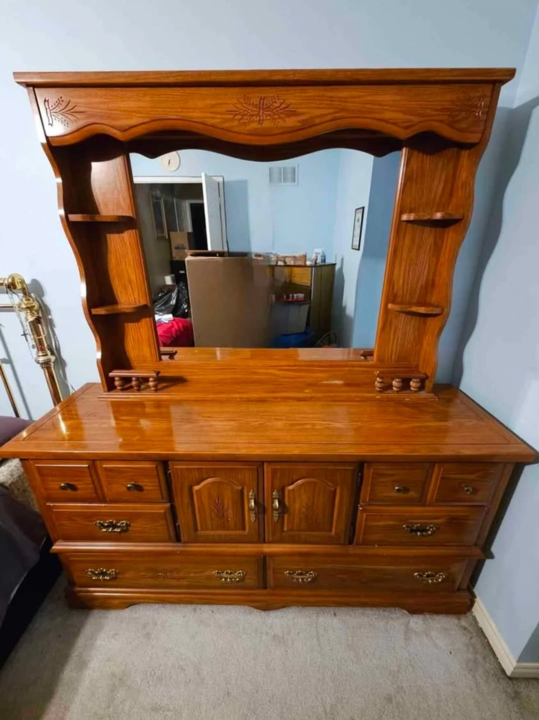 Wooden Dresser with Mirror and Shelves