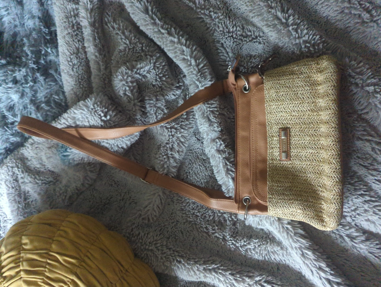 Rosetti Straw crossbody purse with tan accents