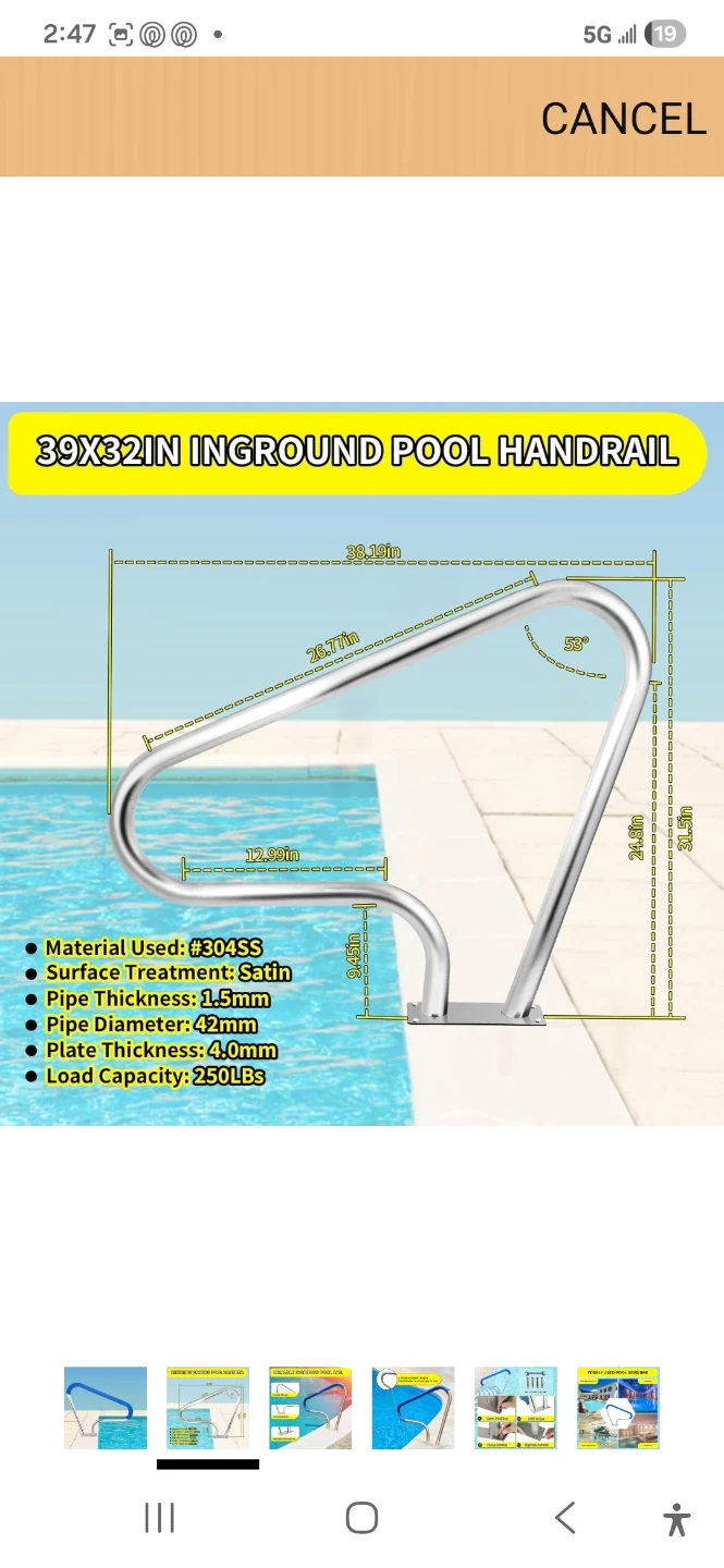 Inground Pool Handrail - 39x32in Stainless Steel - photo 2