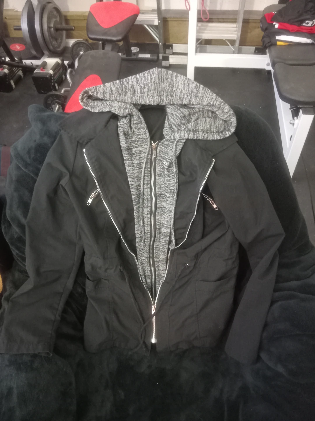 Black Hooded Jacket with Double Zipper - Size S