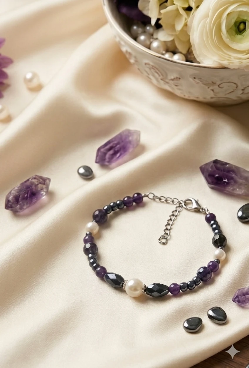 Handmade Purple and Pearl Necklace and Bracelet Set - photo 2