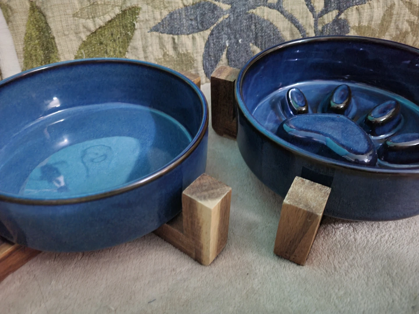 Ceramic Dog Bowl Set Pet Water Food Slow Feeder Wood Elevated - photo 2