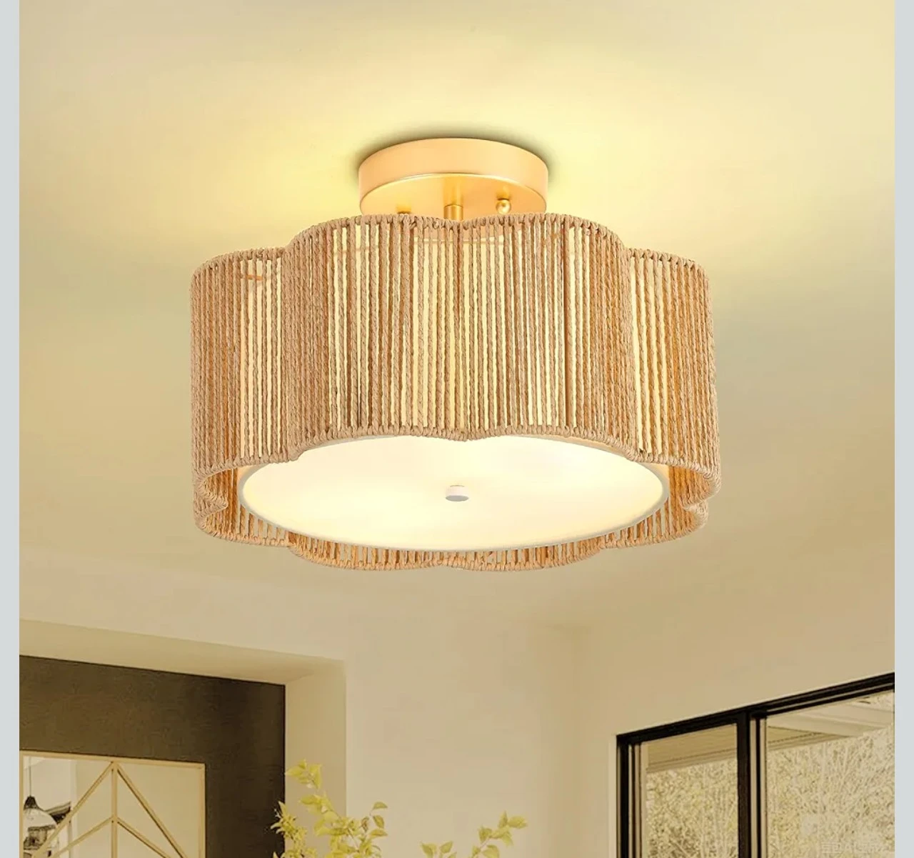 Rattan Semi-Flush Mount Ceiling Light Fixture