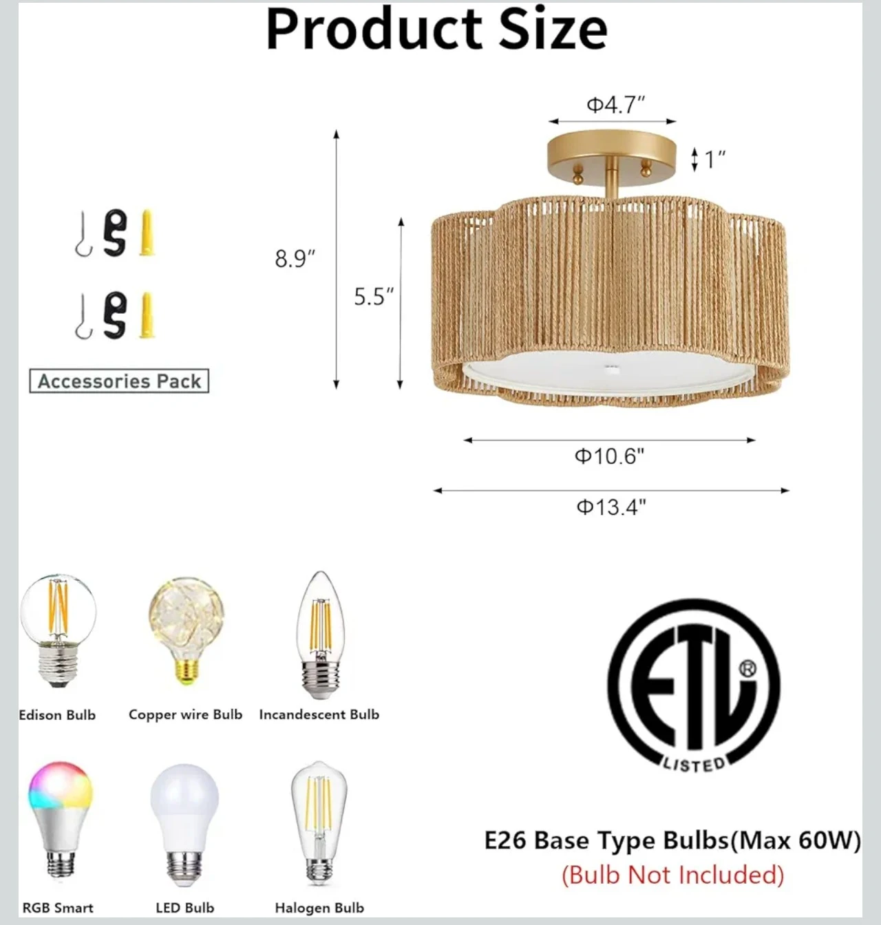 Rattan Semi-Flush Mount Ceiling Light Fixture - photo 2