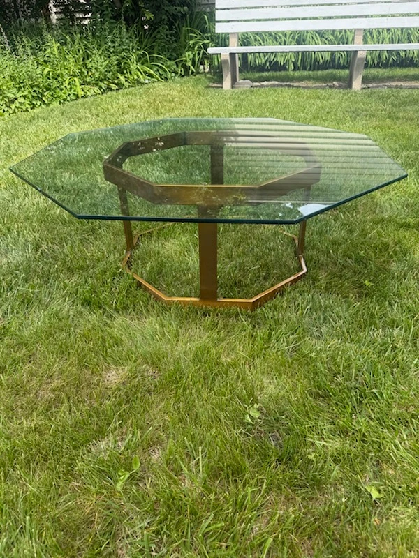 Octagonal Glass Coffee Table with Brass Frame