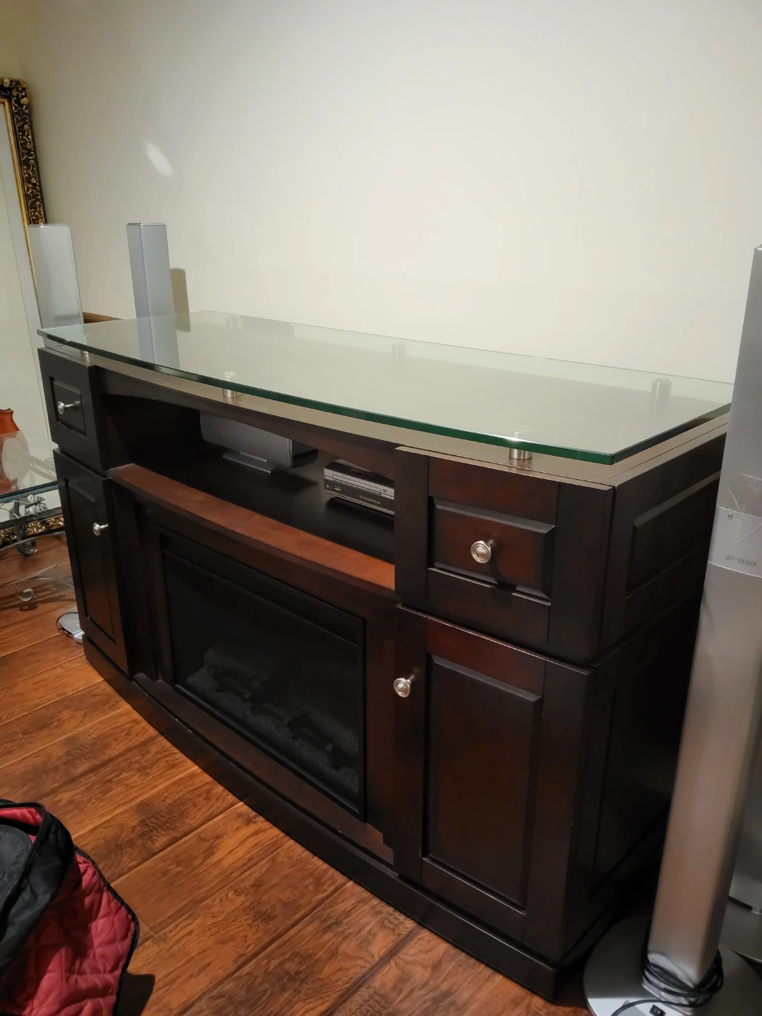Dark Wood Media Console with Electric Fireplace and Glass Top - photo 3