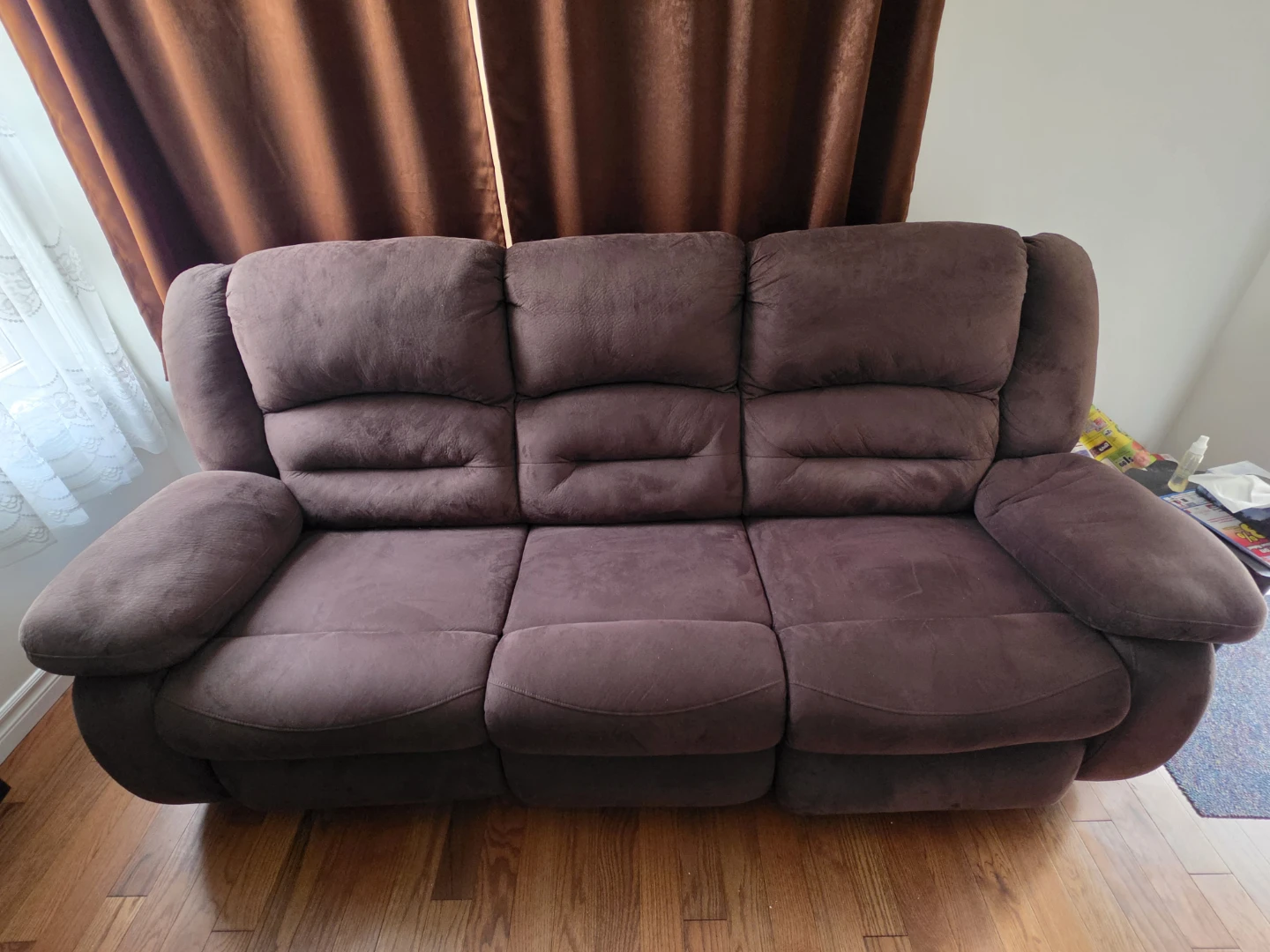 Brown Suede 3-Seater Reclining Sofa