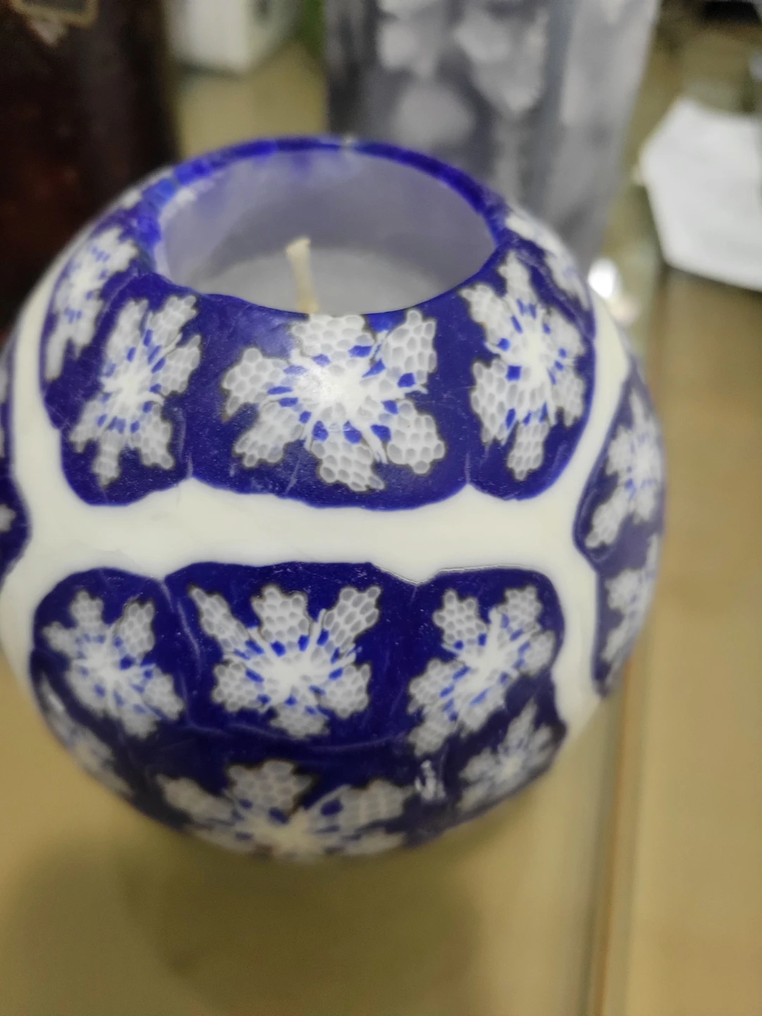 Decorative Round Candle Blue and White Snowflake Design