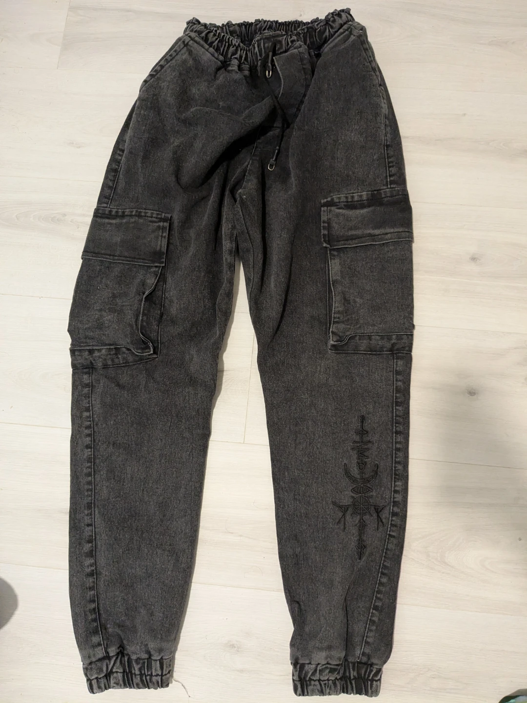 Black Wash Cargo Pants with Embroidered Detail
