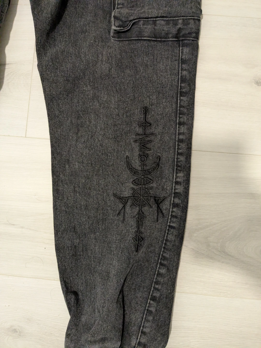 Black Wash Cargo Pants with Embroidered Detail - photo 2