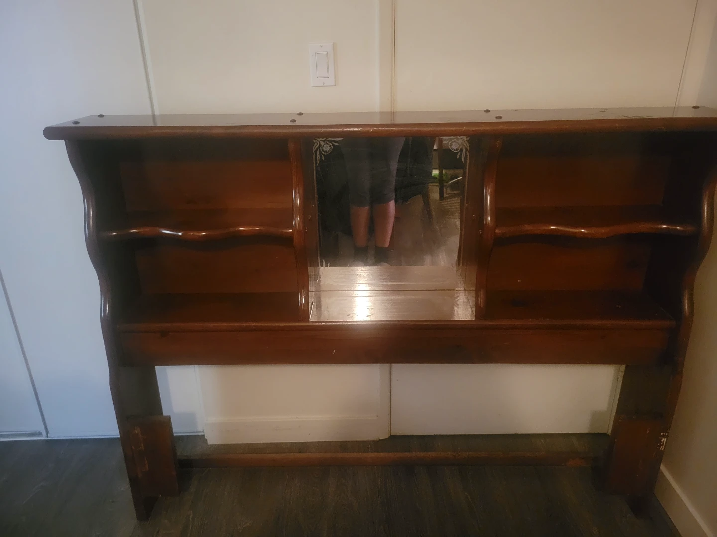 Queen size wooden Headboard with Mirror and Shelves