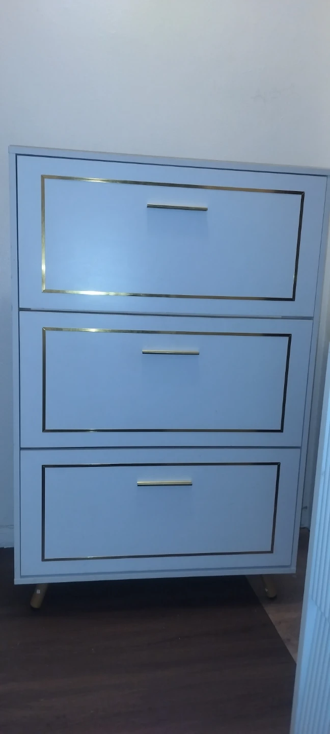 3-Tier Flip-Drawer Shoe Cabinet with Gold Trim