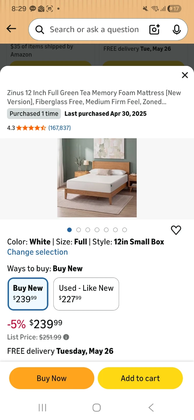 Zinus 12 Inch Full Green Tea Memory Foam Mattress