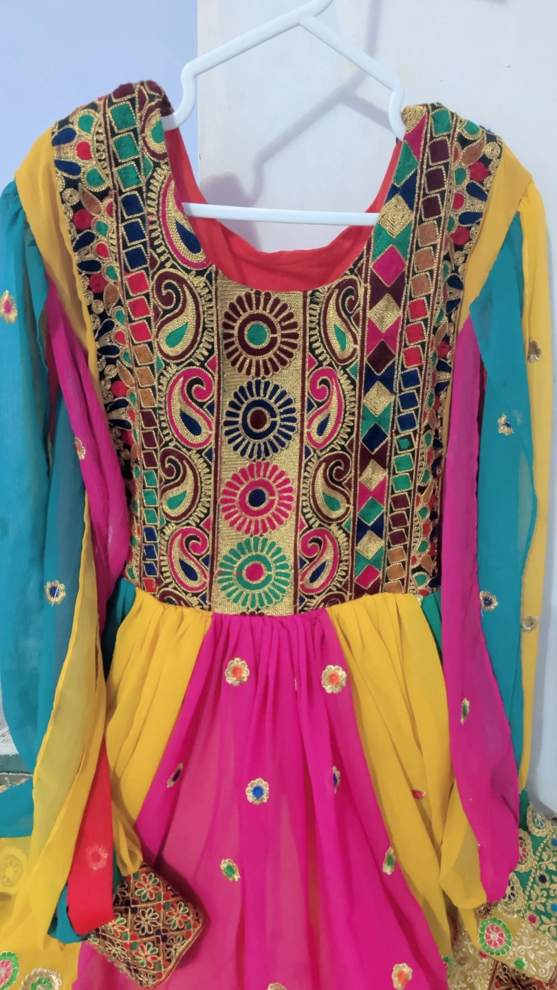 Embroidered Yellow, Pink & Teal Dress 3 pieces