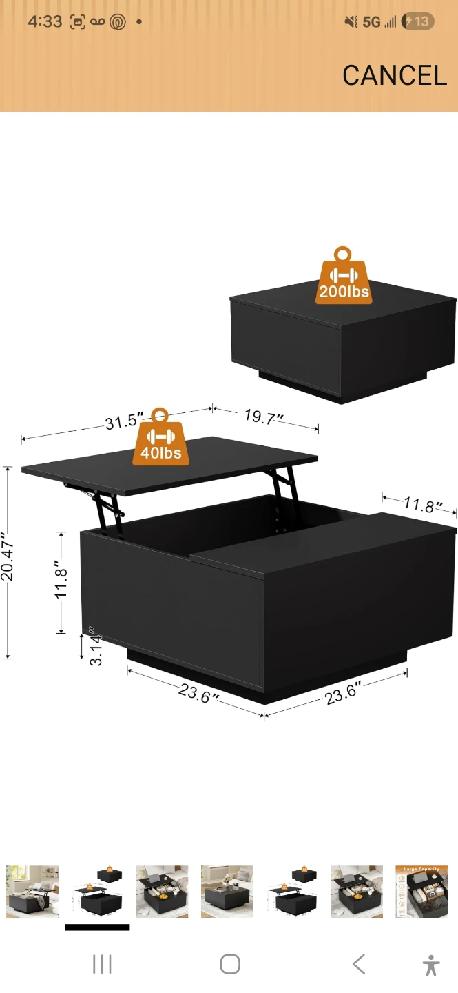 Black Lift Top Coffee Table with Storage - photo 2