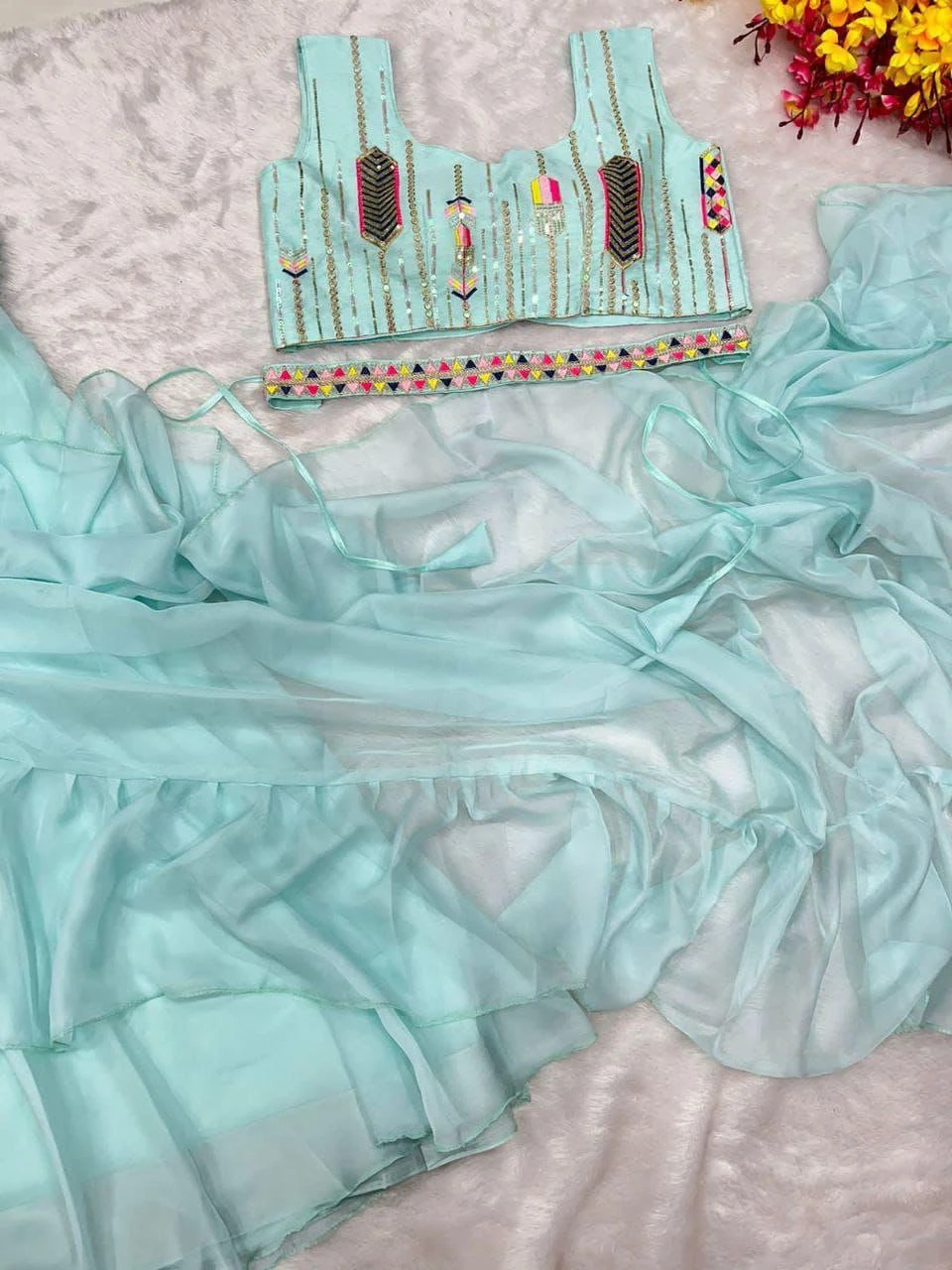 Light Blue lehenga Saree with Embellished Blouse