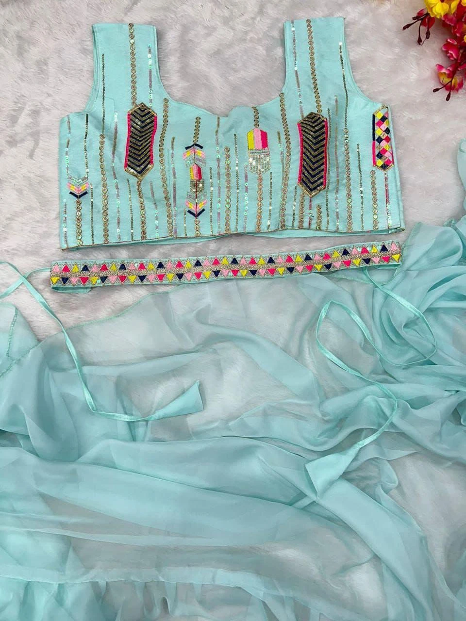 Light Blue lehenga Saree with Embellished Blouse - photo 4