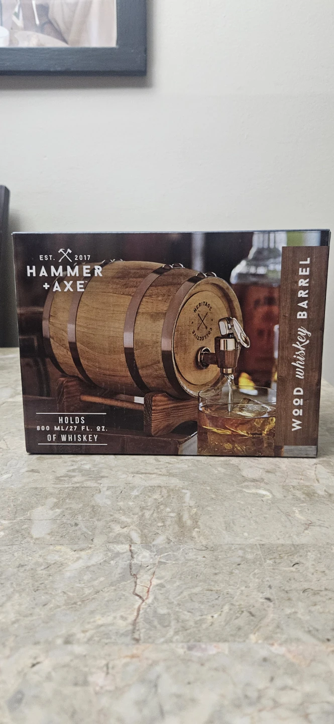 Wood Whiskey Barrel Hammer & Axe 800ml liquor dispenser set.
