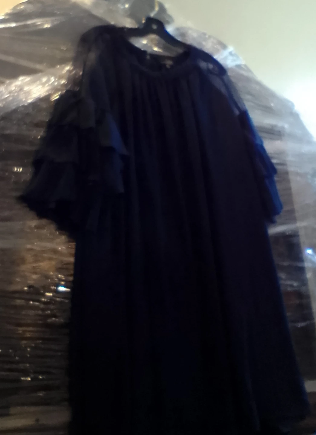 Navy Blue Chiffon Ruffle Sleeve Dress