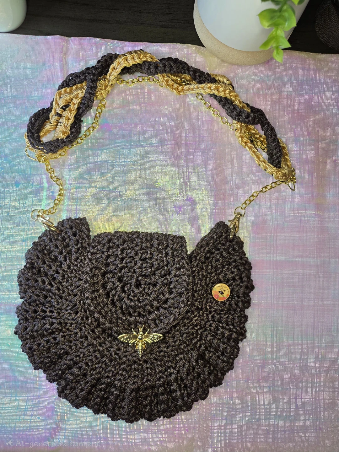 Crochet Oreo-shaped Brown Crossbody Bag with Gold Wasp Ornament