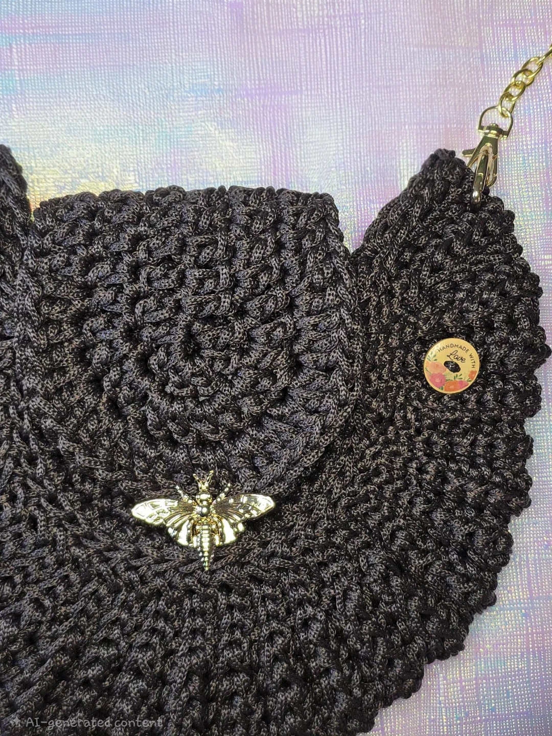 Crochet Oreo-shaped Brown Crossbody Bag with Gold Wasp Ornament - photo 2