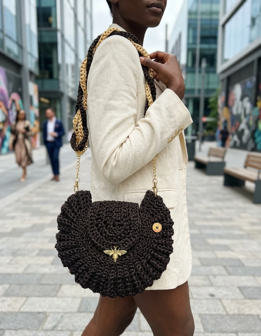 Crochet Oreo-shaped Brown Crossbody Bag with Gold Wasp Ornament - photo 3