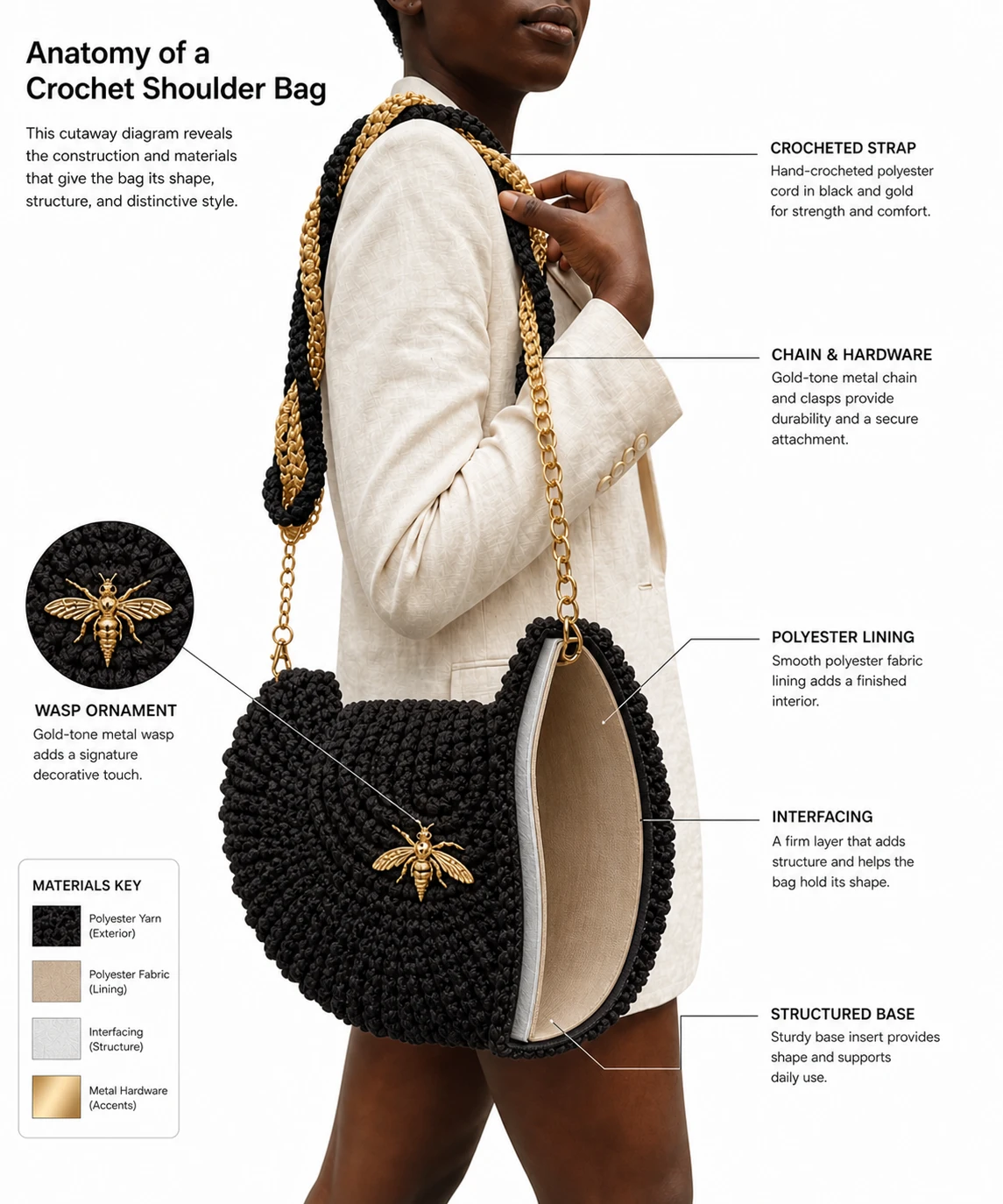 Crochet Oreo-shaped Brown Crossbody Bag with Gold Wasp Ornament - photo 4