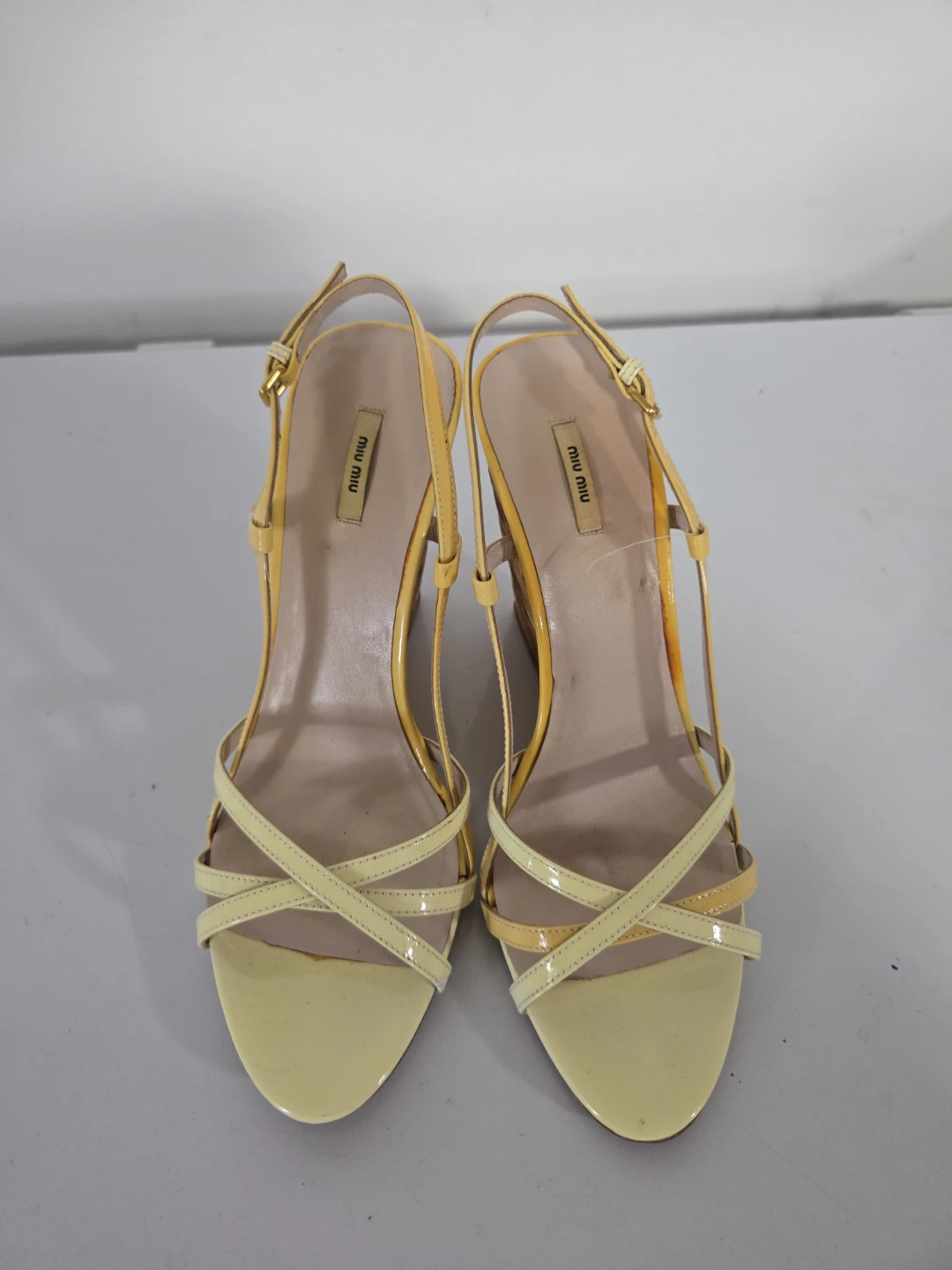 Miu Miu Wedge Sandals Yellow Patent Leather Strappy Size 37