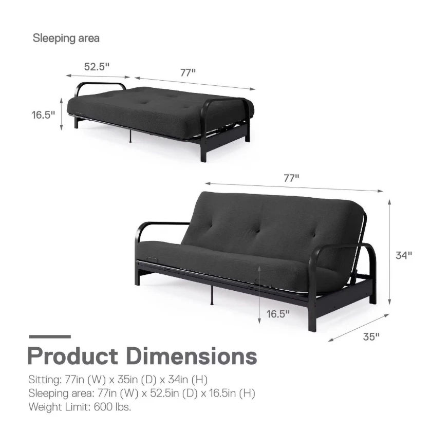 Mainstays Black Metal Arm Futon Frame 6 inch Full Size Mattress - photo 3