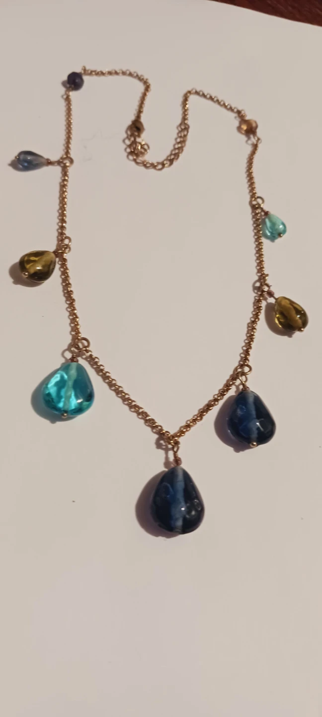 Gold tone necklace with assorted blue and green glass beads - photo 3