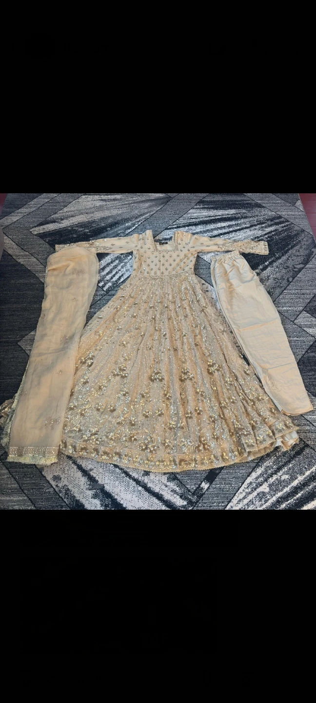 Women's Beige Embroidered Pakistani Suit with Dupatta and Pants