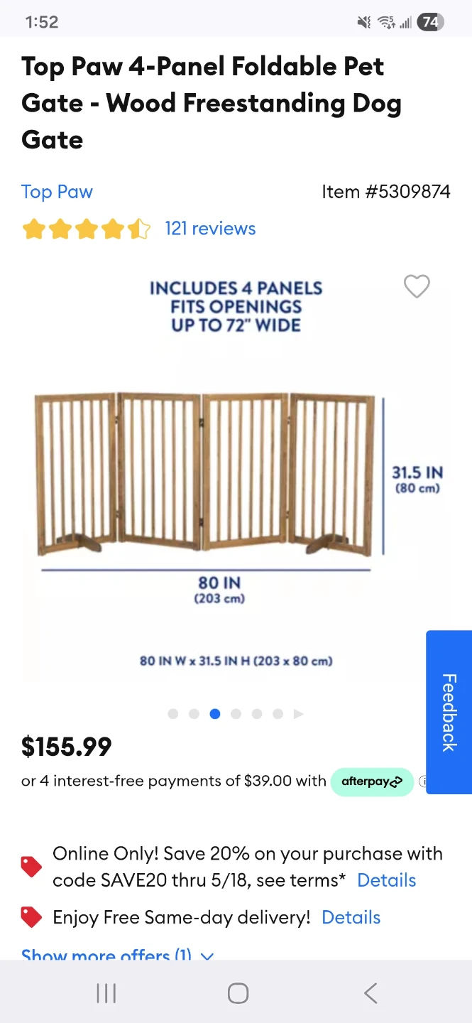 Top Paw 4-Panel Foldable Wood Dog Gate